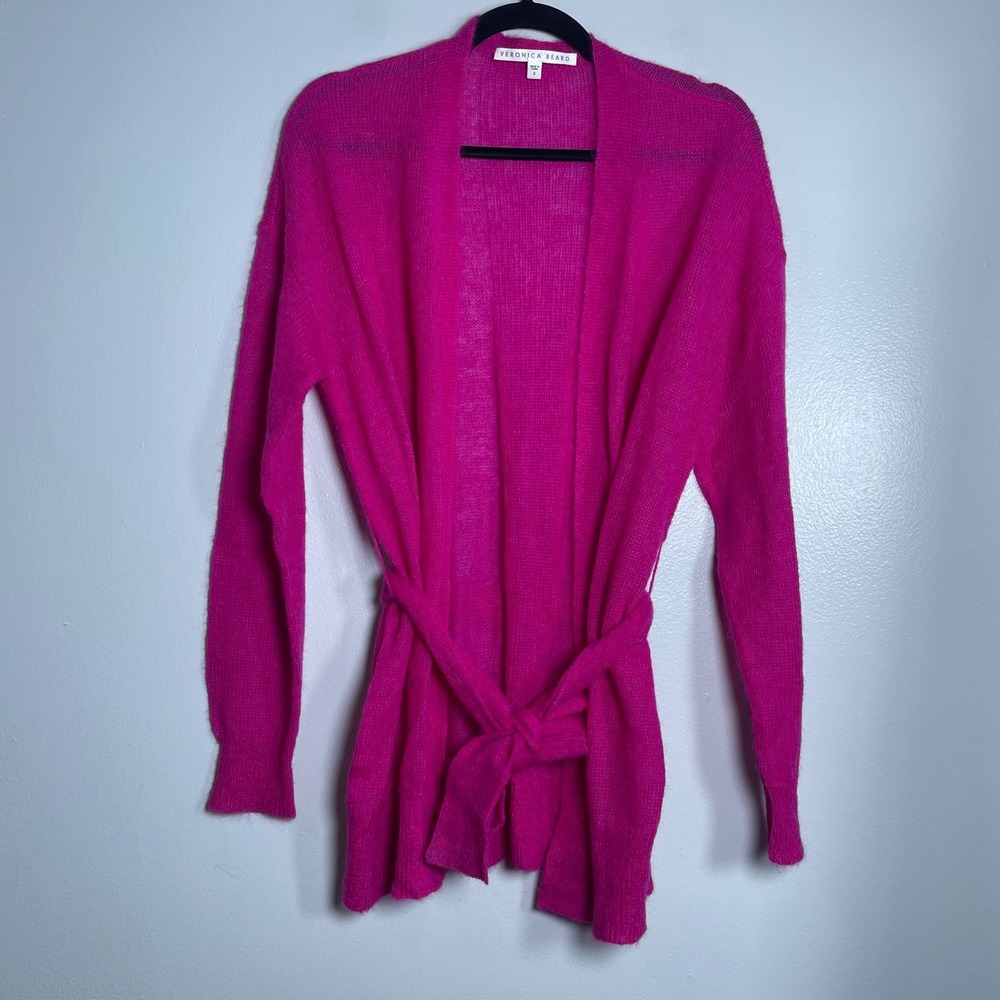 VERONICA BEARD Open Front Belted Cardigan Sweater Small Fuchsia Alpaca Mohair‎